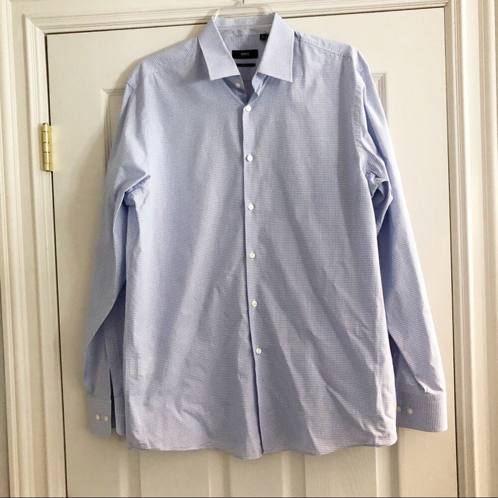 Hugo Boss Dress Shirt Mens 16 34/35 Button Down Sharp Fit Cotton Blue White